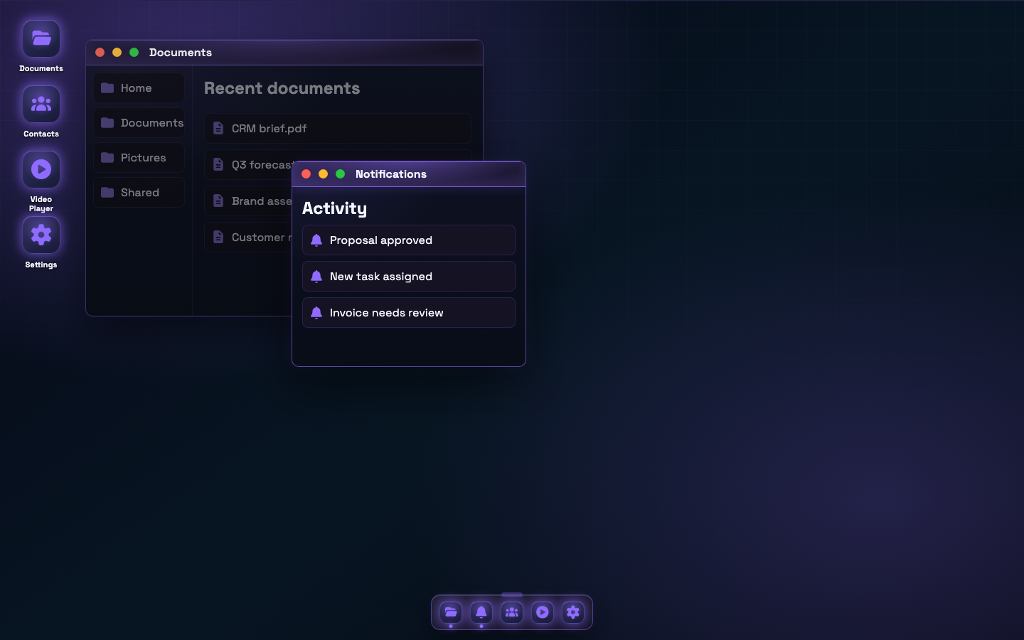Opus browser desktop with draggable application windows, shortcuts, and dock